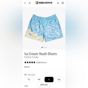 Baseball Lifestyle 101 Ice Cream Youth Shorts, NWOT, size Youth L